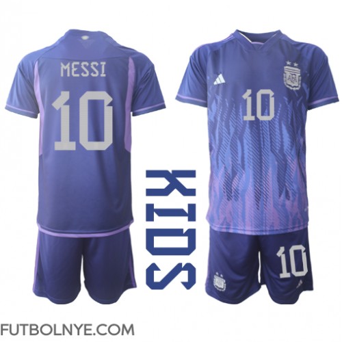Camiseta Argentina Lionel Messi #10 Visitante Equipación para niños Mundial 2022 manga corta (+ pantalones cortos)